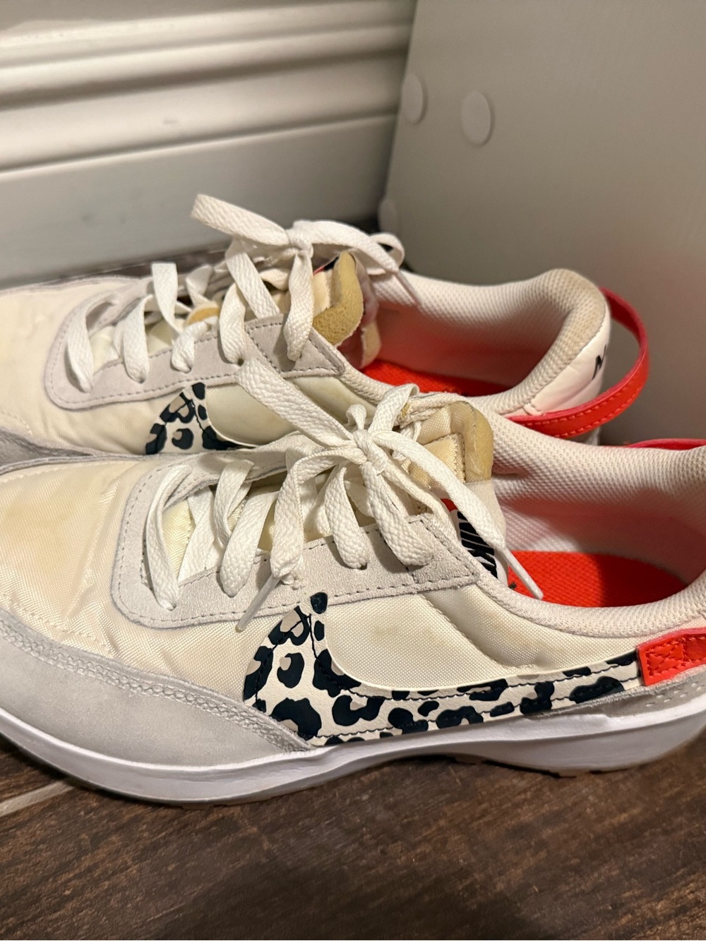 Women's Nike Waffle Debut White Sneakers with Black Leopard Accent